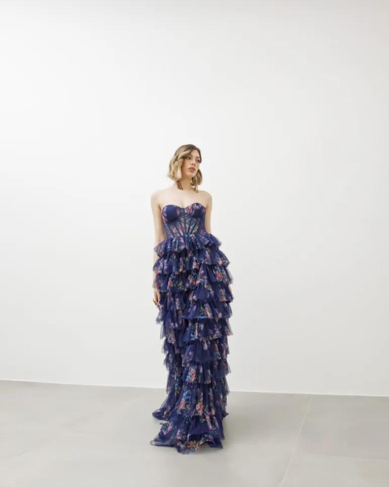 Abito lungo con corpetto e tulle a strati – 5668082