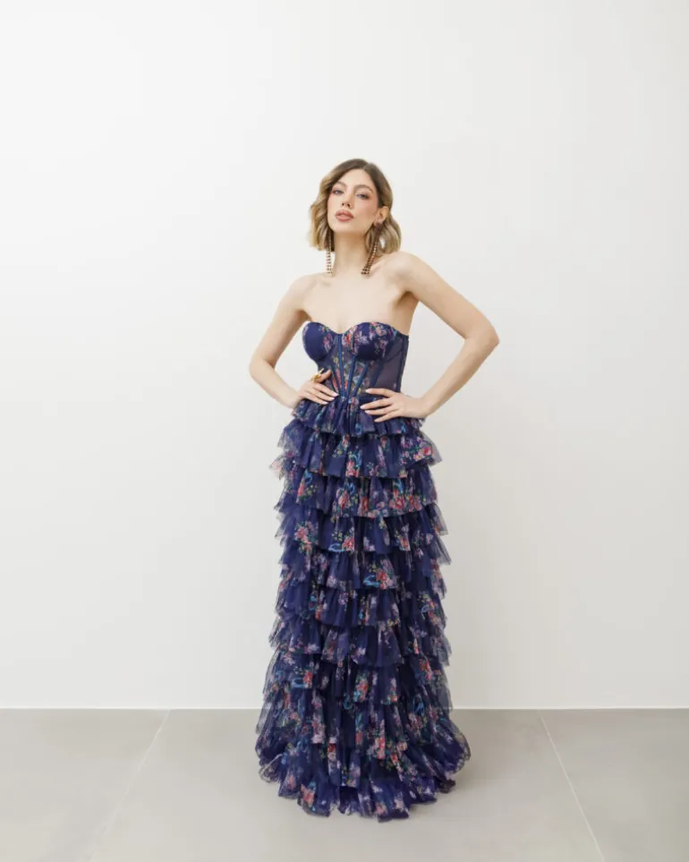 Abito lungo con corpetto e tulle a strati – 5668082