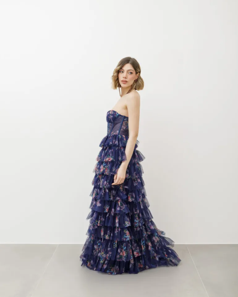 Abito lungo con corpetto e tulle a strati – 5668082