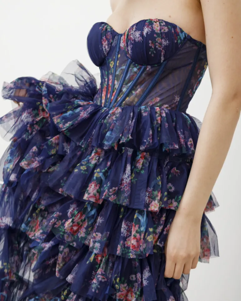 Abito lungo con corpetto e tulle a strati – 5668082