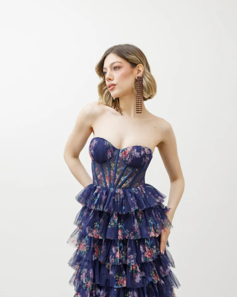 Abito lungo con corpetto e tulle a strati – 5668082