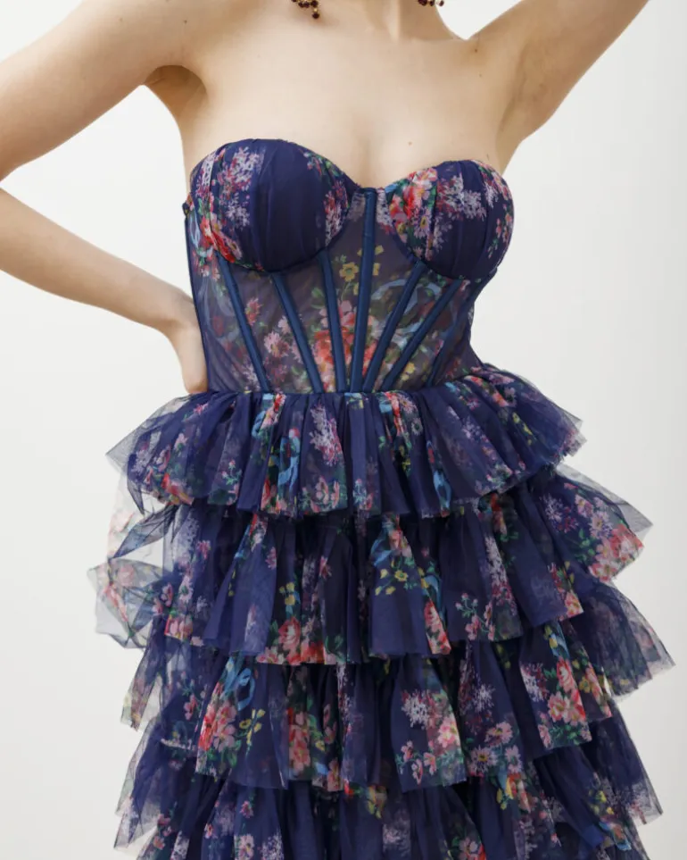 Abito lungo con corpetto e tulle a strati – 5668082