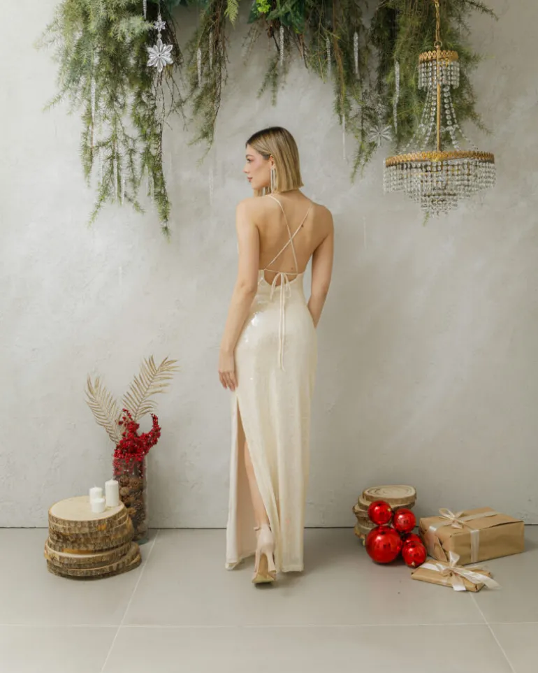 Abito lungo con paillettes e rosa – 23252 slc