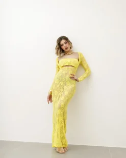 Abito lungo in pizzo giallo – HY1069c