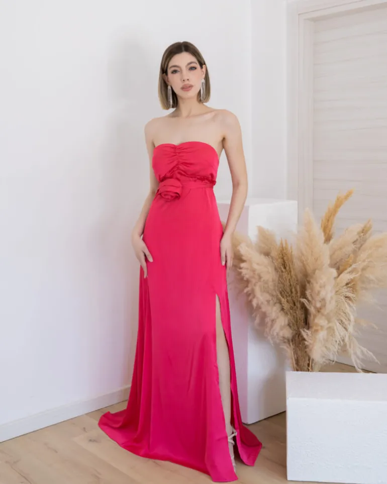 Abito lungo in raso a fascia con rosa – 0044