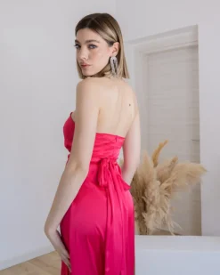 Abito lungo in raso a fascia con rosa – 0044