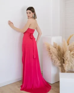 Abito lungo in raso a fascia con rosa – 0044