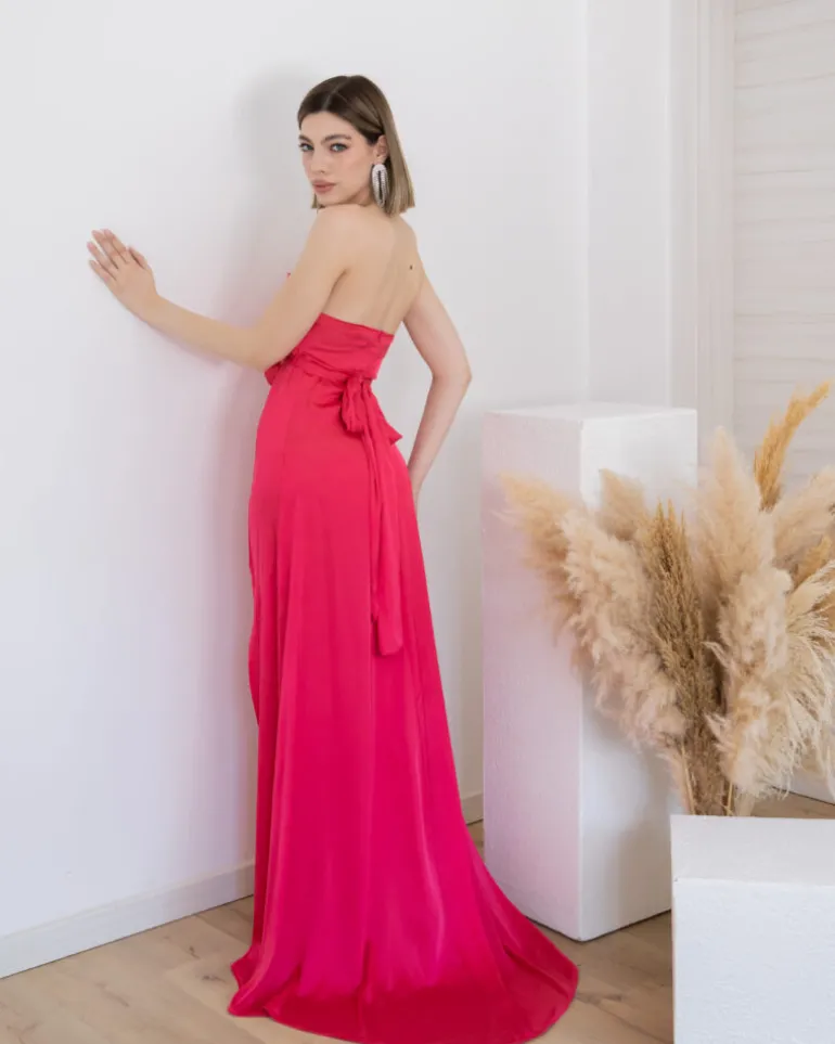 Abito lungo in raso a fascia con rosa – 0044