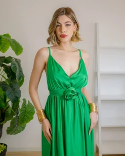 Abito lungo in raso con rosa – 0043