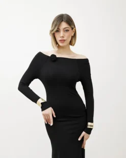 Abito lungo in viscosa con rosa – R4673