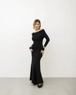 Abito lungo in viscosa con rosa – R4673