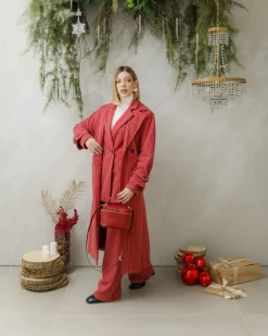 Cappotto lungo a righe con cintura – 6576