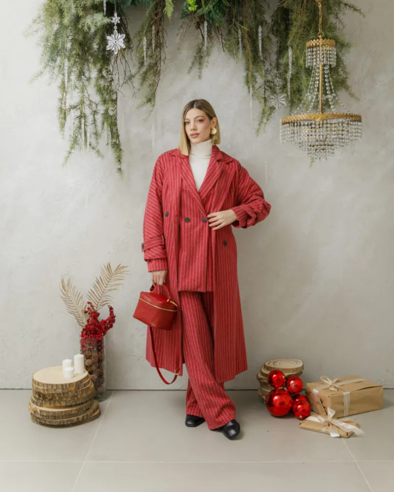 Cappotto lungo a righe con cintura – 6576