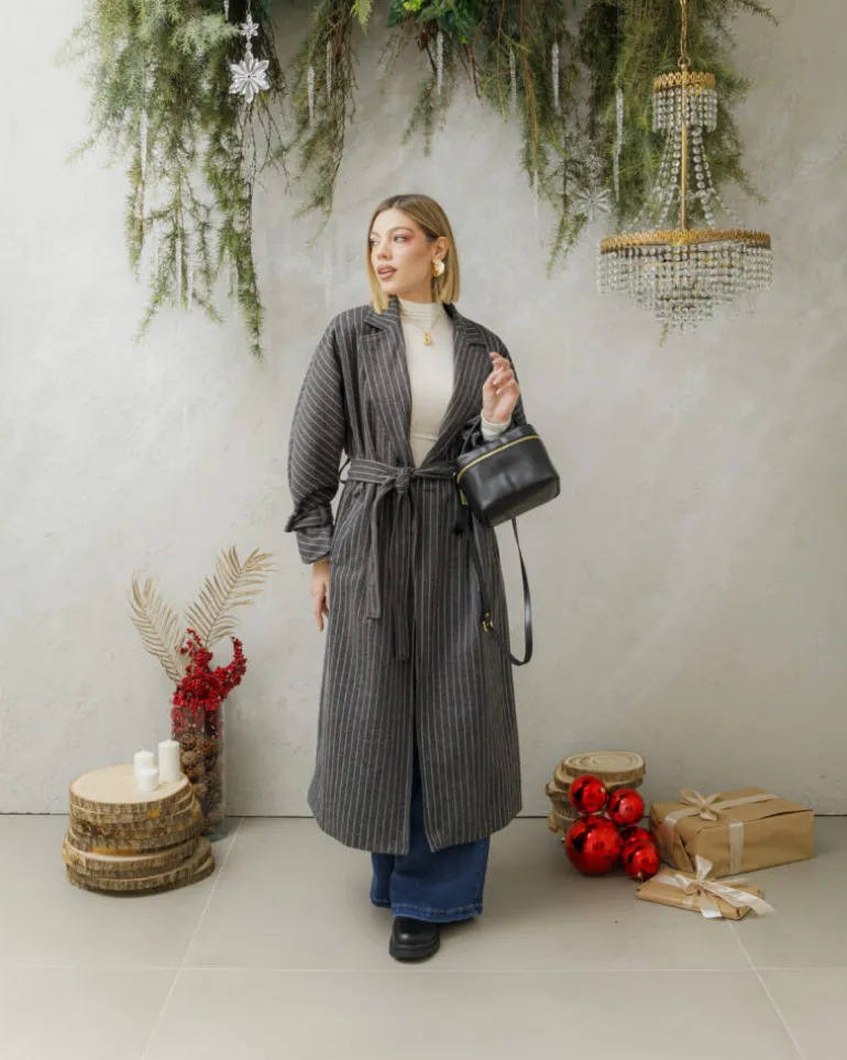 Cappotto lungo a righe con cintura – 6576