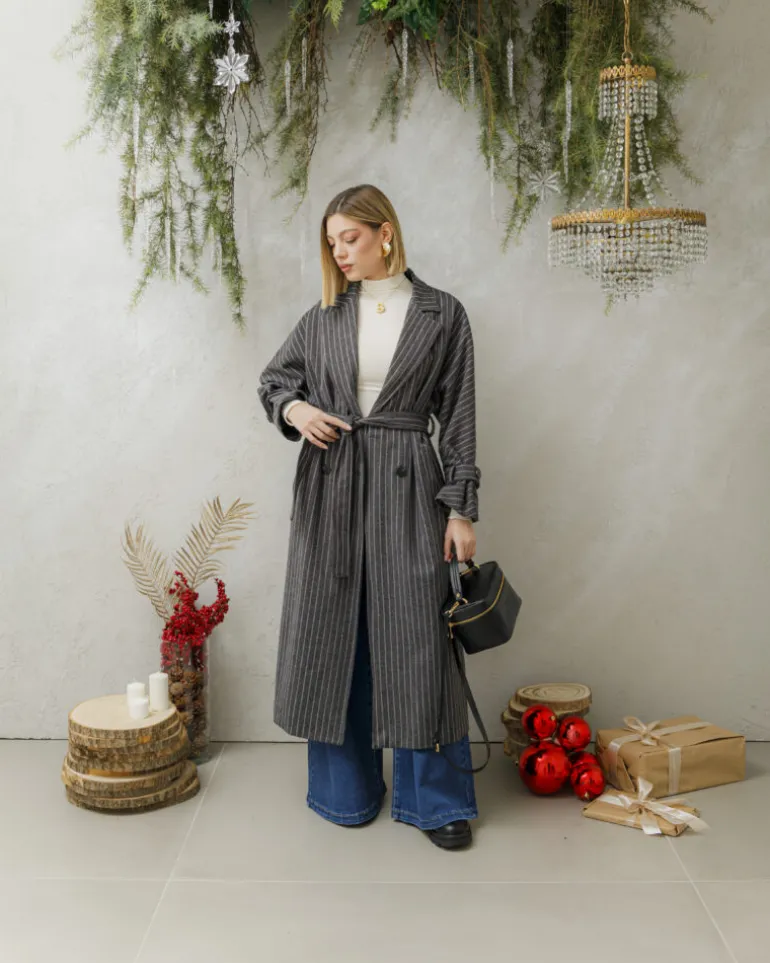Cappotto lungo a righe con cintura – 6576