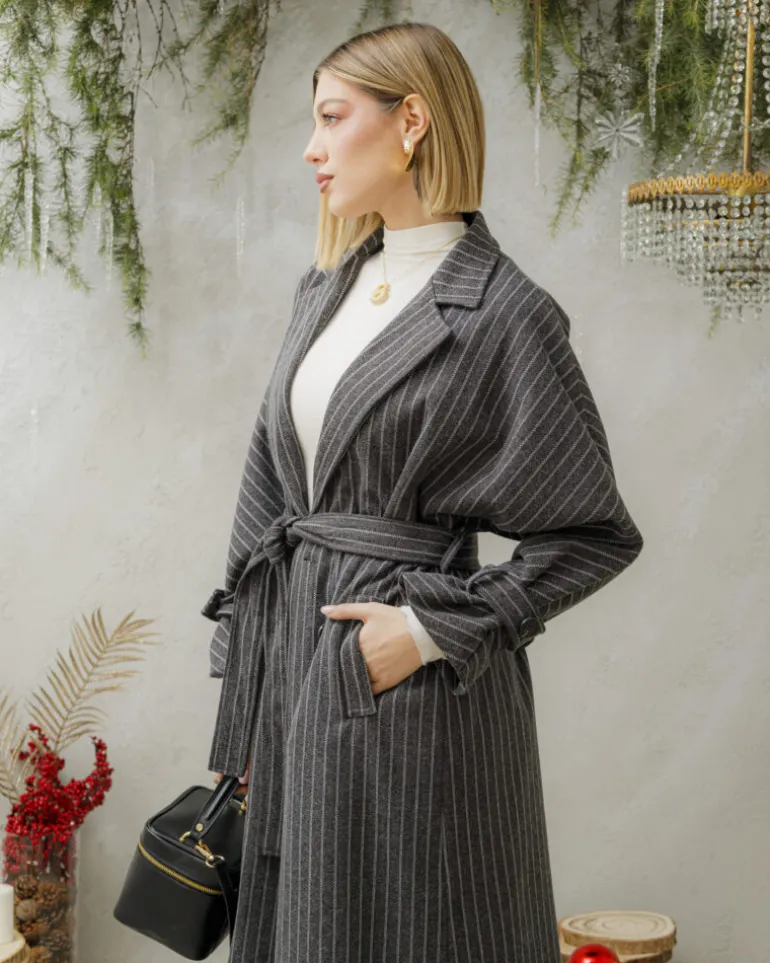 Cappotto lungo a righe con cintura – 6576