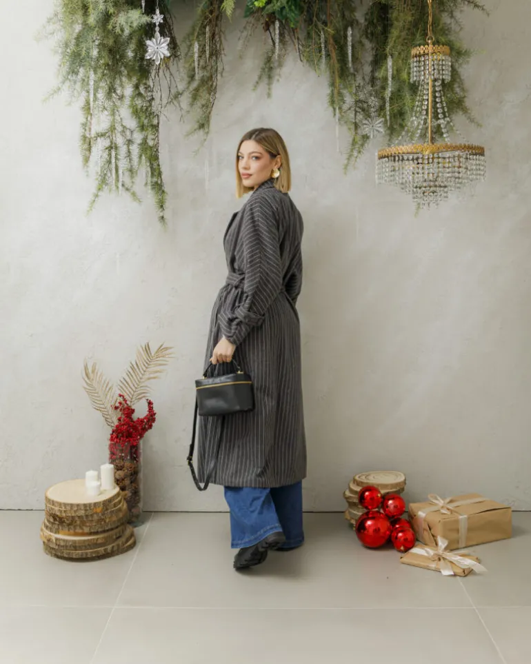Cappotto lungo a righe con cintura – 6576