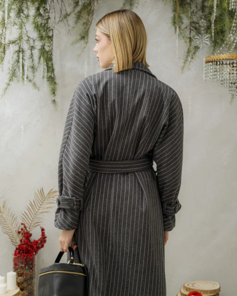 Cappotto lungo a righe con cintura – 6576