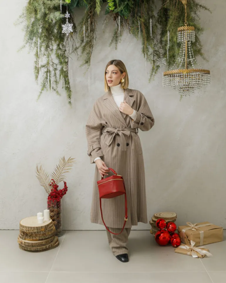 Cappotto lungo a righe con cintura – 6576