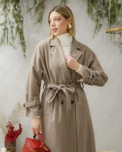 Cappotto lungo a righe con cintura – 6576