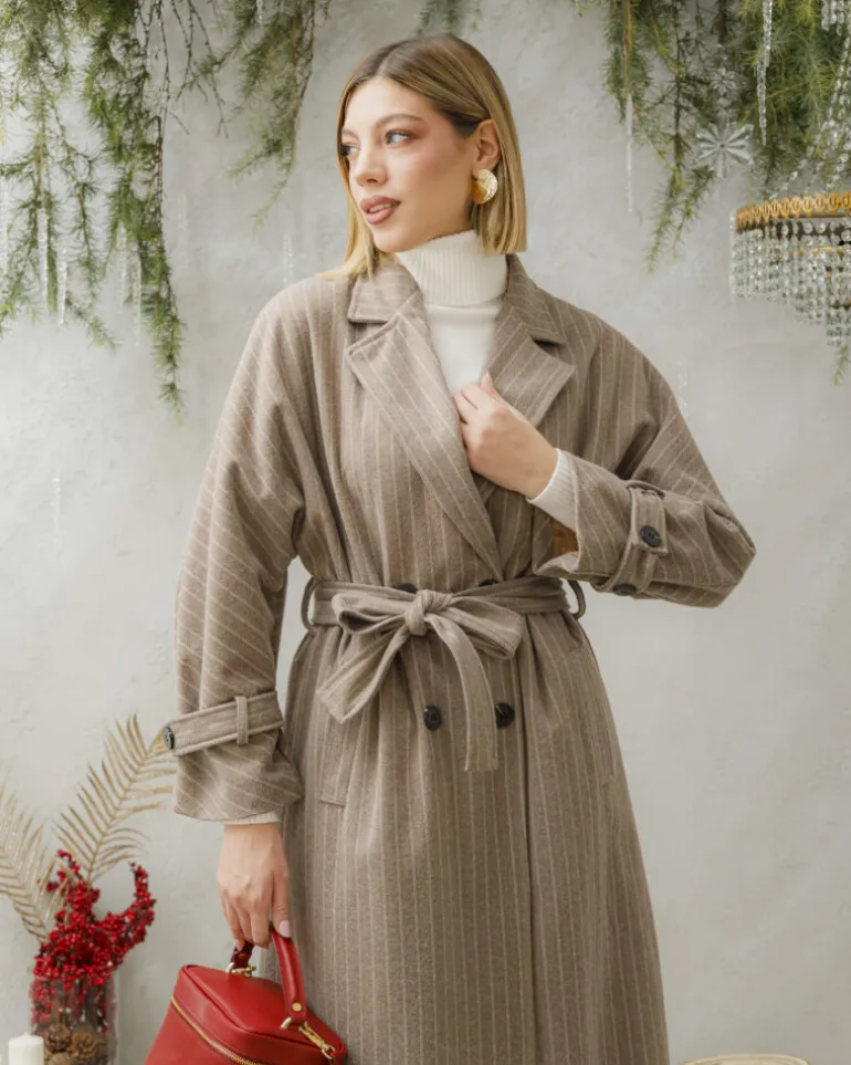Cappotto lungo a righe con cintura – 6576