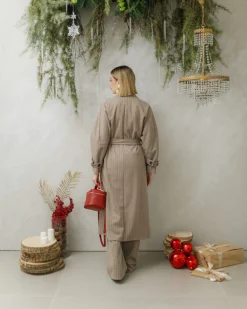 Cappotto lungo a righe con cintura – 6576