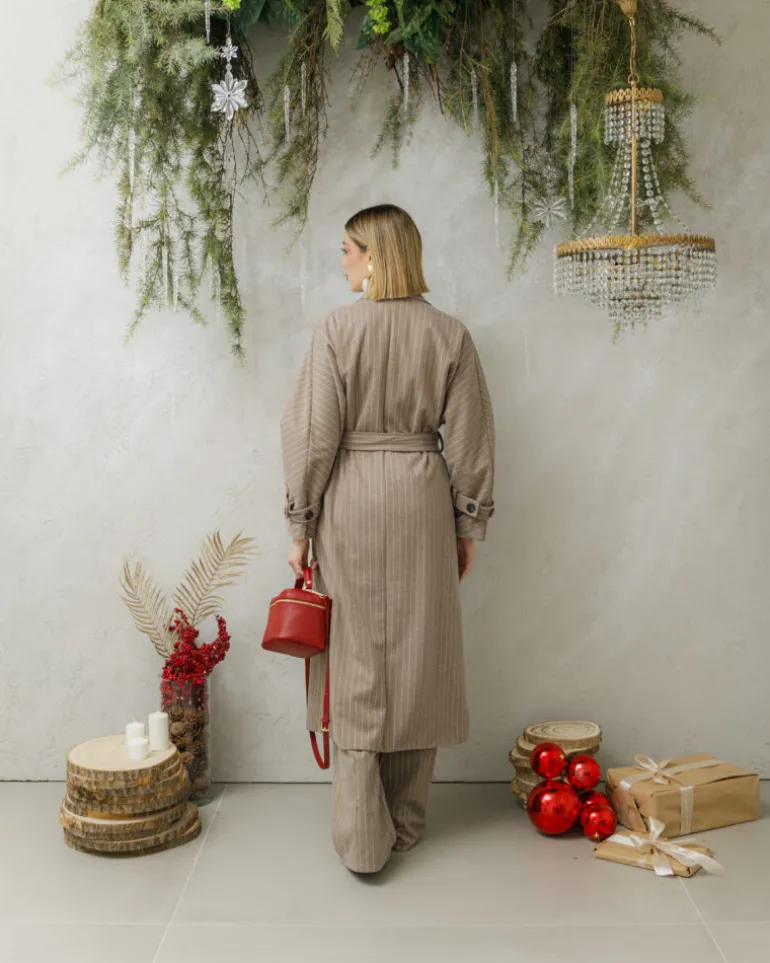 Cappotto lungo a righe con cintura – 6576