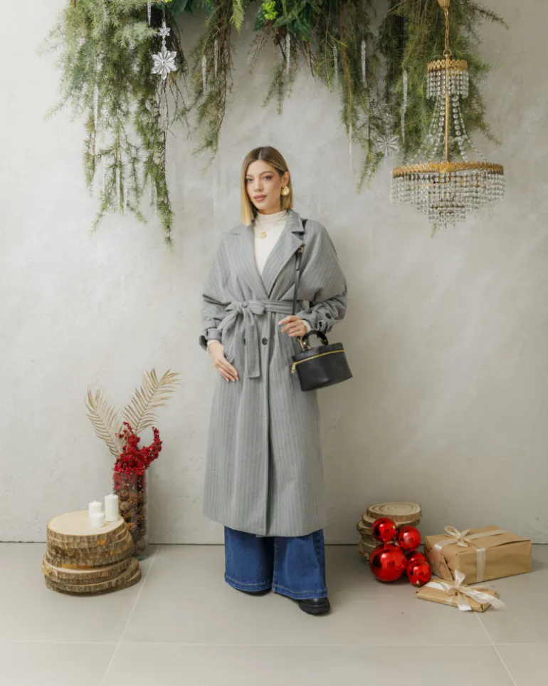 Cappotto lungo a righe con cintura – 6576