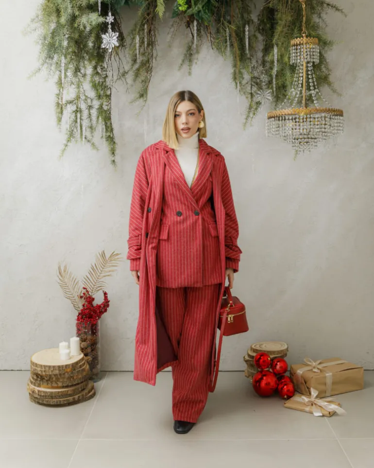 Cappotto lungo a righe con cintura – 6576