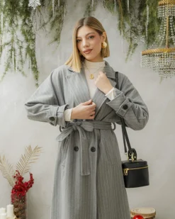 Cappotto lungo a righe con cintura – 6576