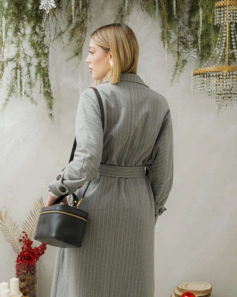 Cappotto lungo a righe con cintura – 6576