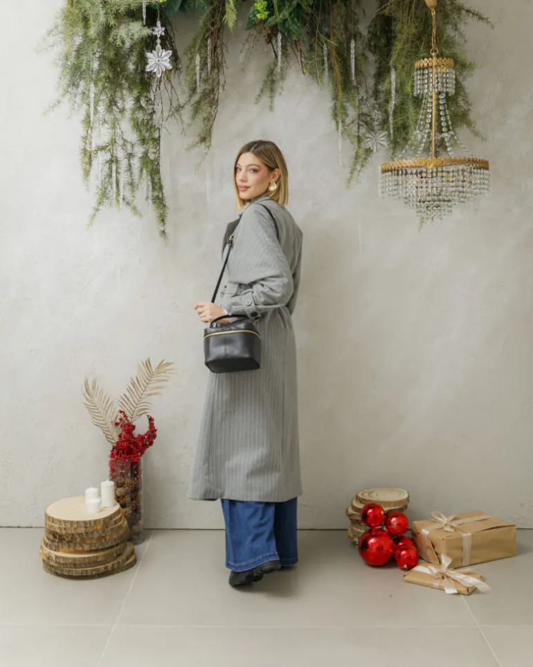 Cappotto lungo a righe con cintura – 6576