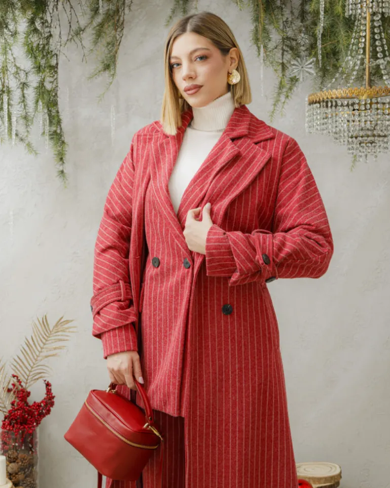 Cappotto lungo a righe con cintura – 6576
