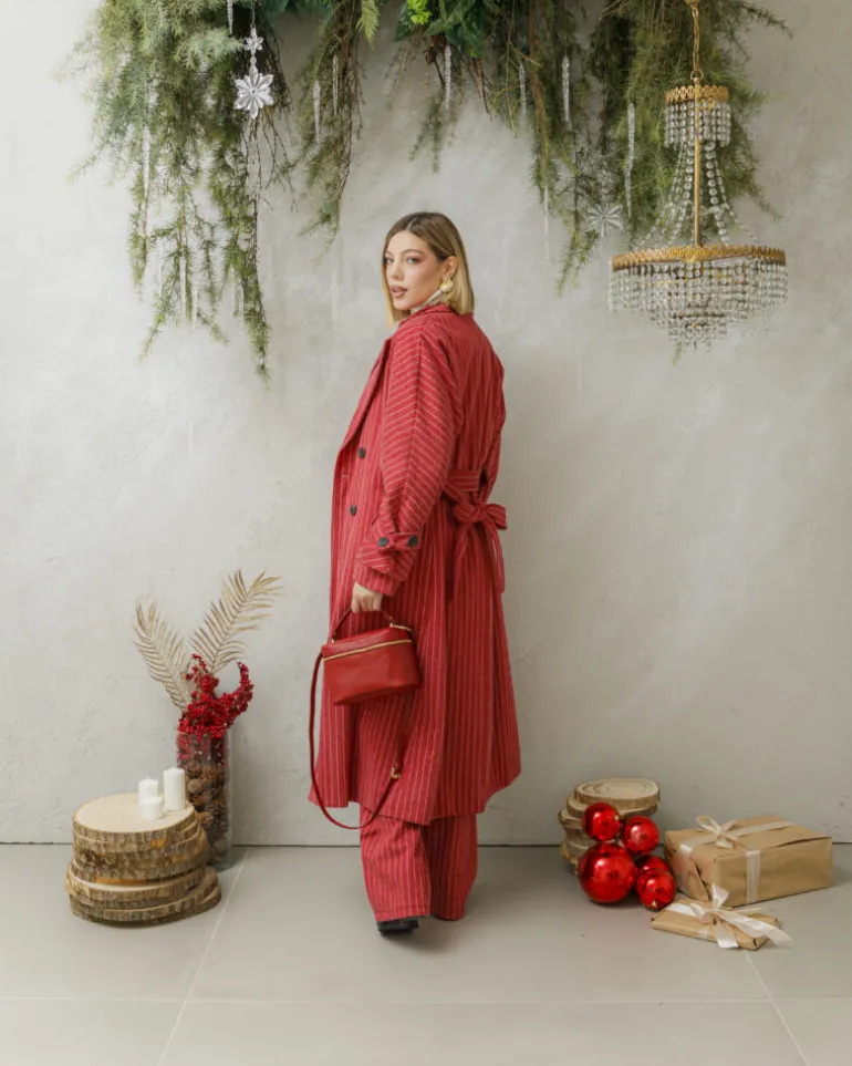 Cappotto lungo a righe con cintura – 6576