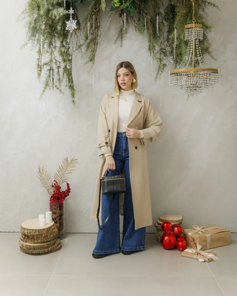 Cappotto lungo a righe con cintura – 6576