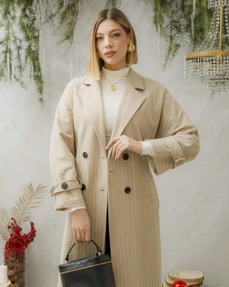 Cappotto lungo a righe con cintura – 6576