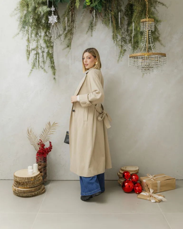 Cappotto lungo a righe con cintura – 6576