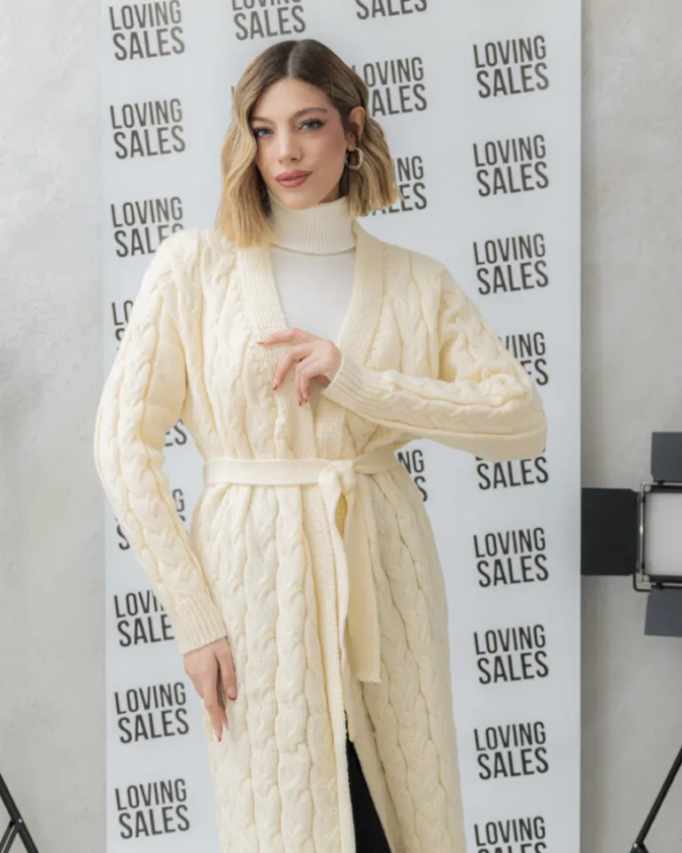 Cardigan lungo lavorato con cintura – CHB5628