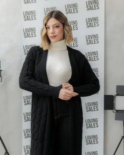 Cardigan lungo lavorato con cintura – CHB5628