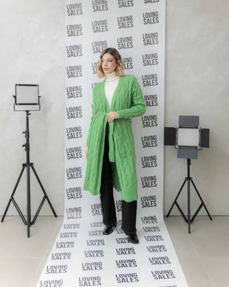 Cardigan lungo lavorato con cintura – CHB5628