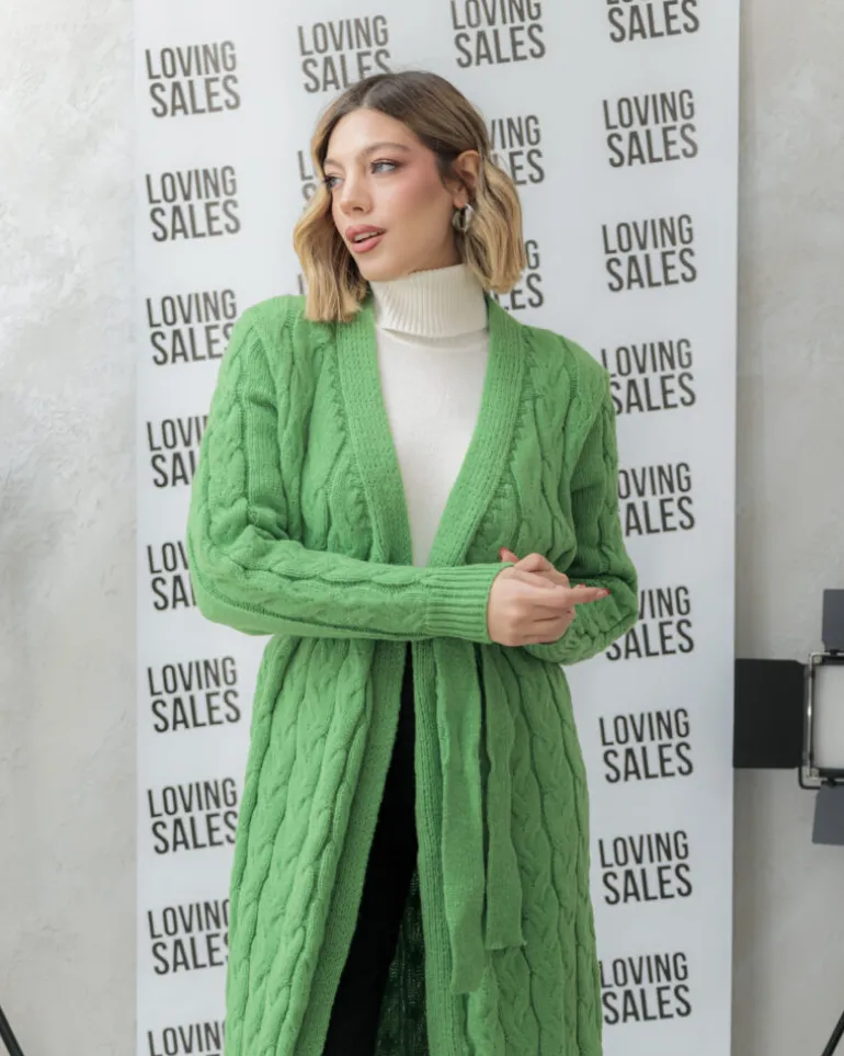 Cardigan lungo lavorato con cintura – CHB5628