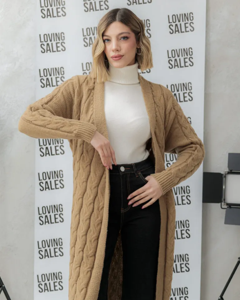 Cardigan lungo lavorato con cintura – CHB5628