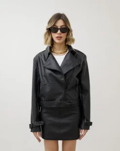 Chiodo crop in simil-pelle NERO – 5165