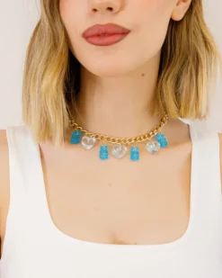 Collana con ciondoli pendenti orsetti e cuori azzurra – 9791