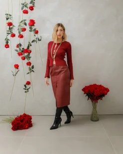 Gonna a tubino in simil-pelle con spacco – 26671