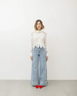 Jeans palazzo blu slavato con piega – 8685