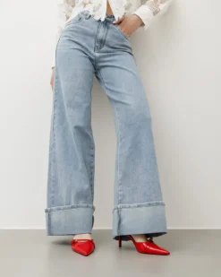 Jeans palazzo blu slavato con piega – 8685