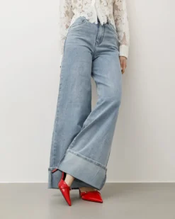 Jeans palazzo blu slavato con piega – 8685