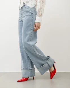 Jeans palazzo blu slavato con piega – 8685