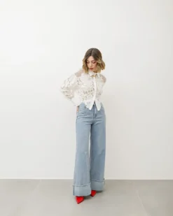 Jeans palazzo blu slavato con piega – 8685